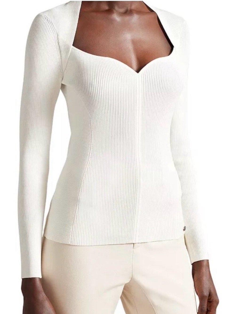 Ted Baker HELENH white Ribbed Knit Top sweetheart neckline timeless elegant rich